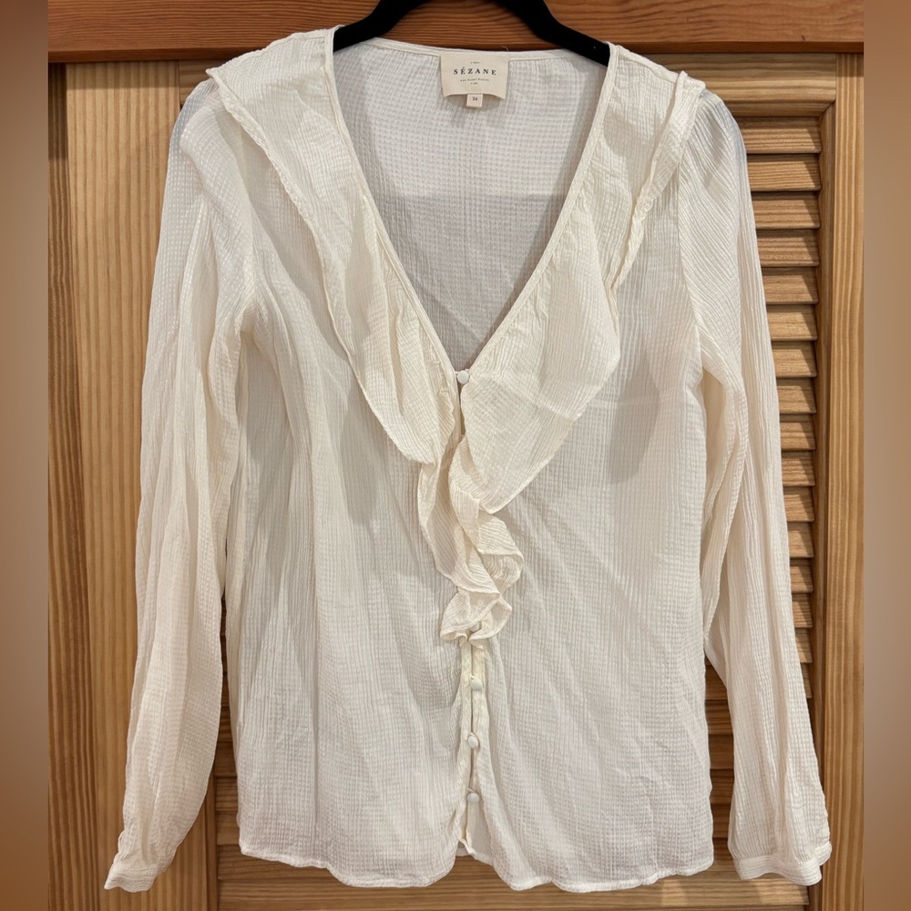 Sezane White Ruffled Collar Blouse